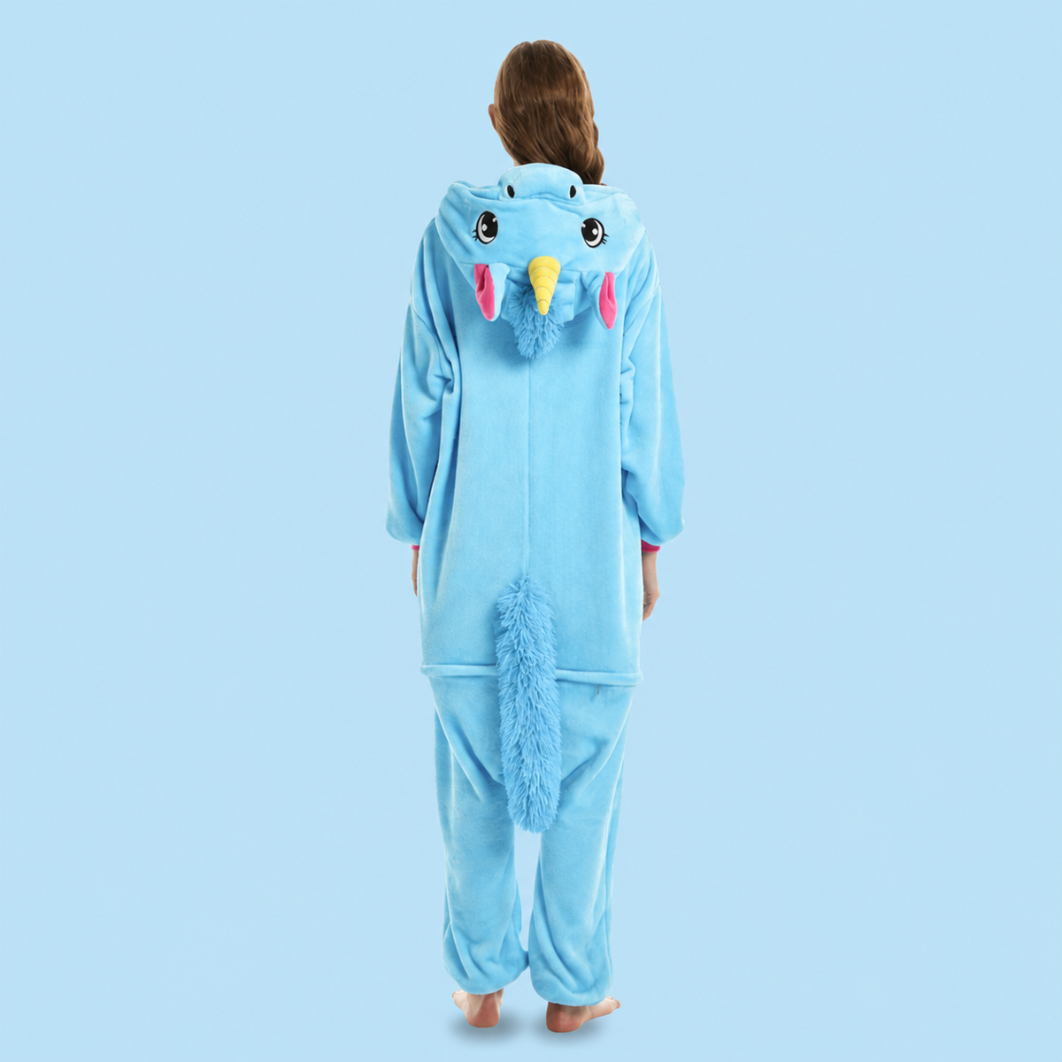 Vue de dos du pyjama licorne bleu adulte avec crinière et queue bleues