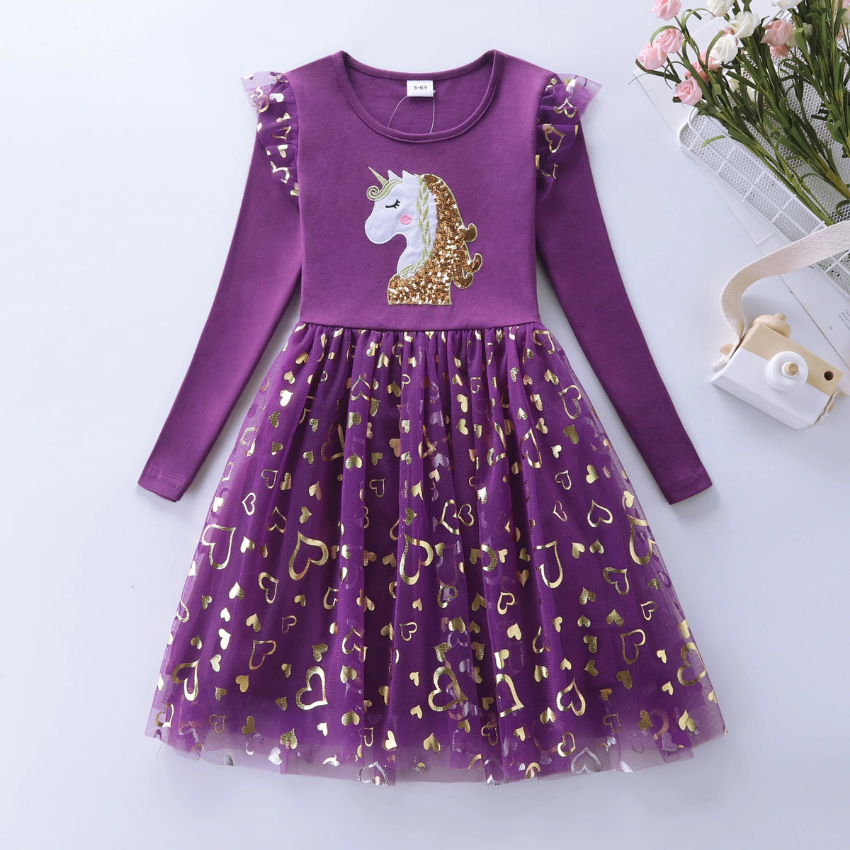 Deguisement licorne robe de fete violette et dorée