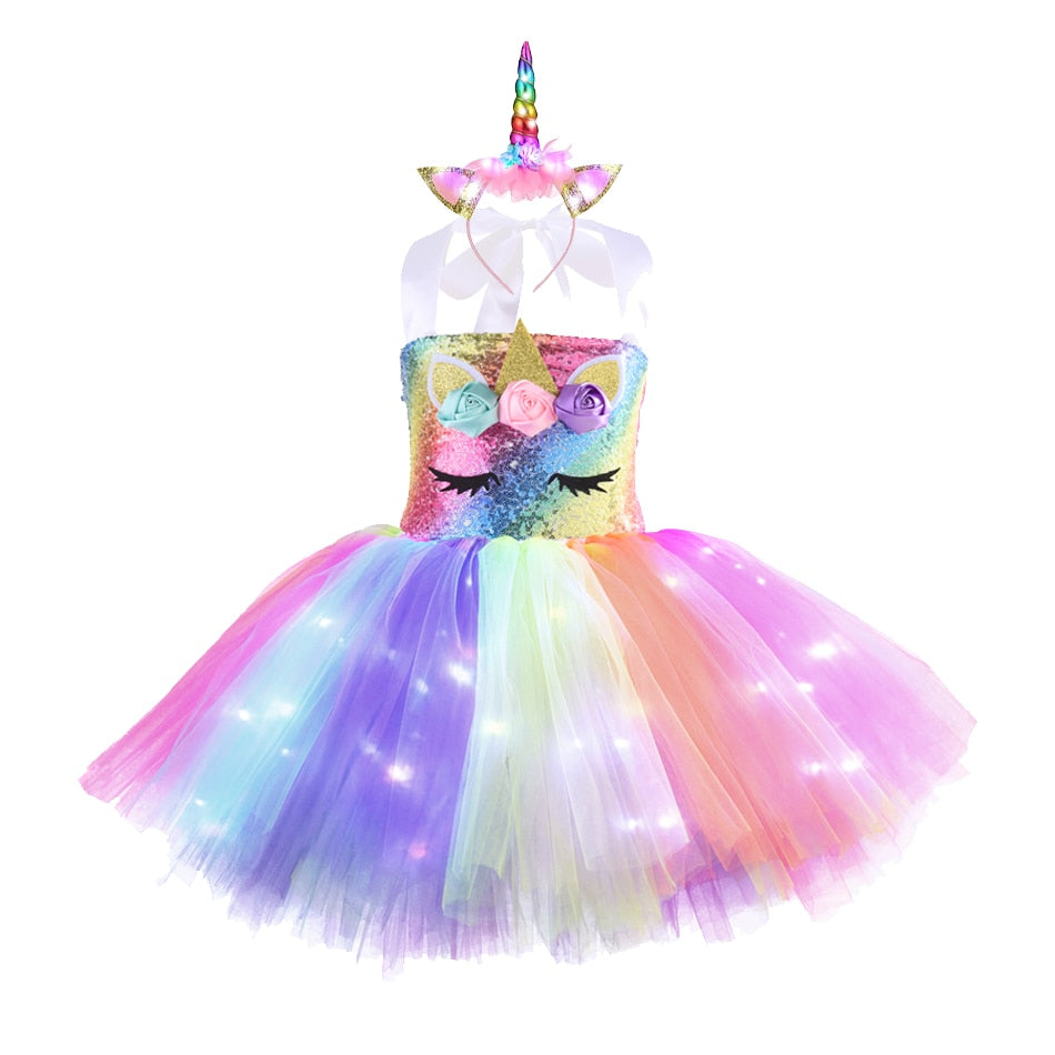 déguisement robe licorne lumineuse multicolore avec un serre tête licorne