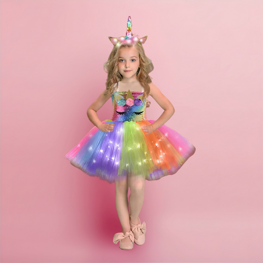 Petite fille qui porte un déguisement robe licorne lumineuse multicolore avec un serre tête licorne
