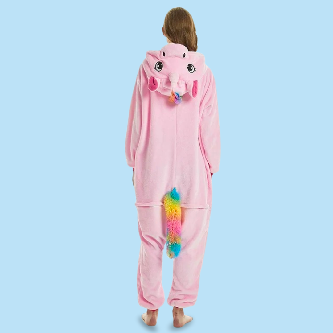 Pyjama kigurumi licorne adulte rose et multicolore de dos