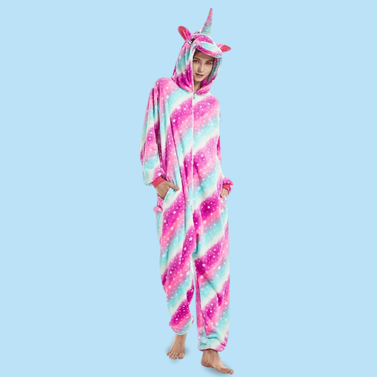 Pyjama kigurumi licorne adulte rayé rose et bleu