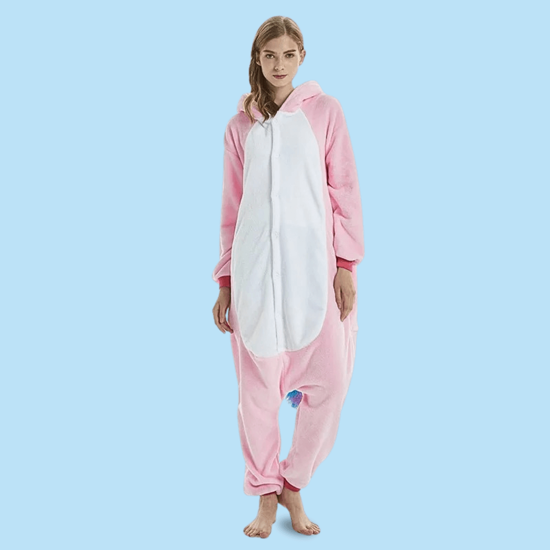 Pyjama kigurumi licorne adulte rose et multicolore de face