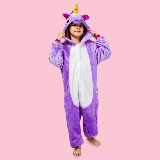 Kigurumi pyjama licorne enfant modele shojohi violet avec une corne jaune