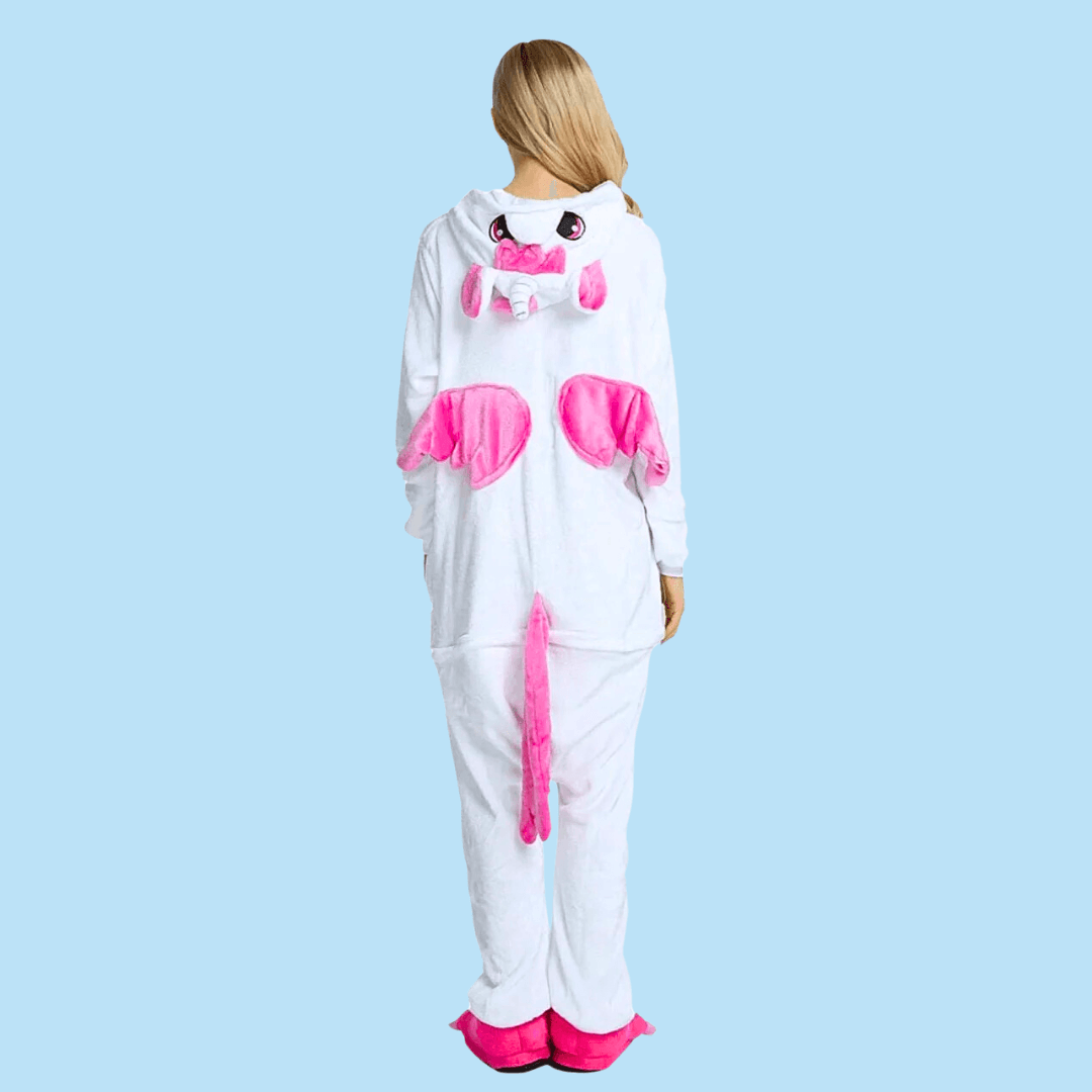 Vue de dos Kigurumi pyjama licorne rose et blanc adulte modèle Shiro