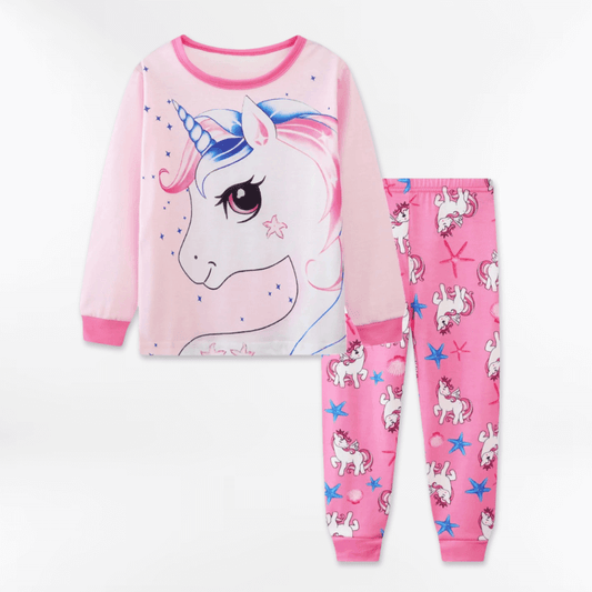 Pyjama licorne fille rose avec motifs licorne et étoiles bleues pantalon et haut