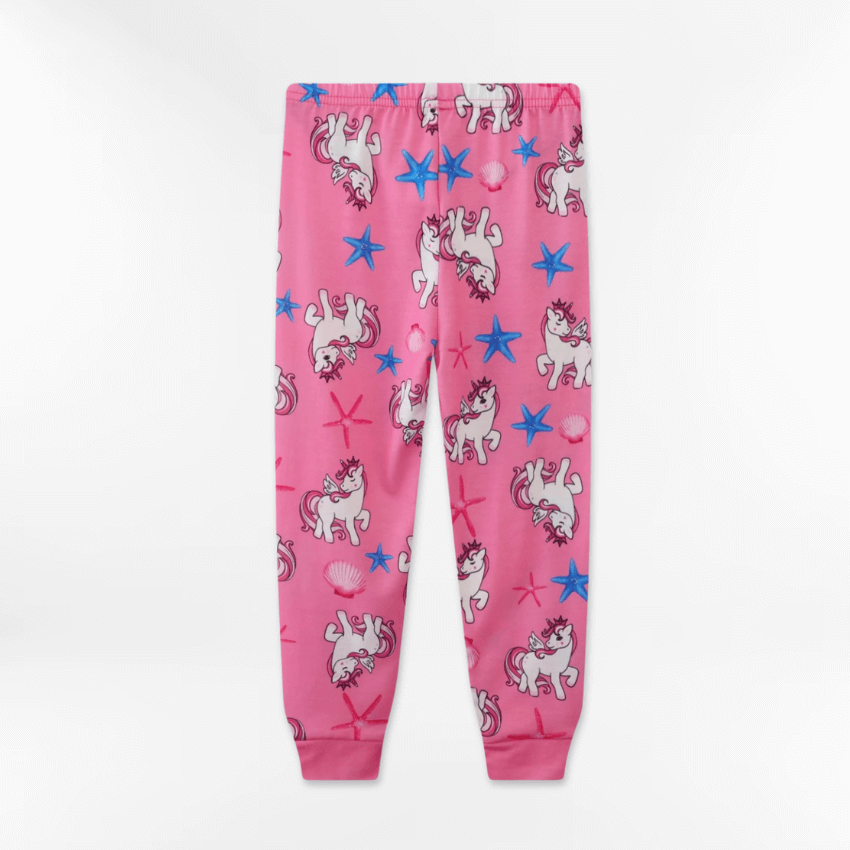 Bas de Pyjama licorne fille rose avec motifs licorne et étoiles bleues