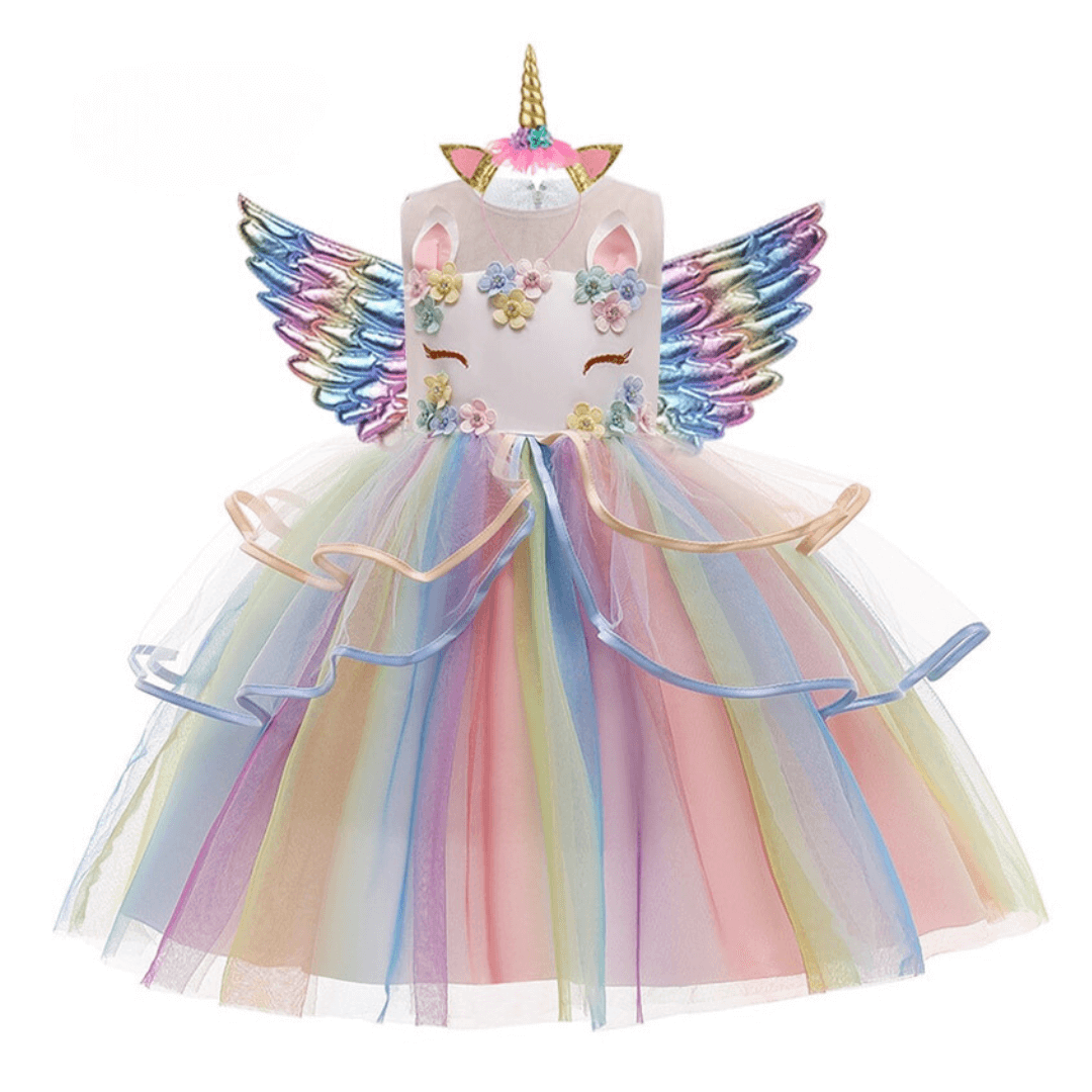 Robe déguisement princesse licorne blanc à volants et à fleurs avec ailes de licorne.