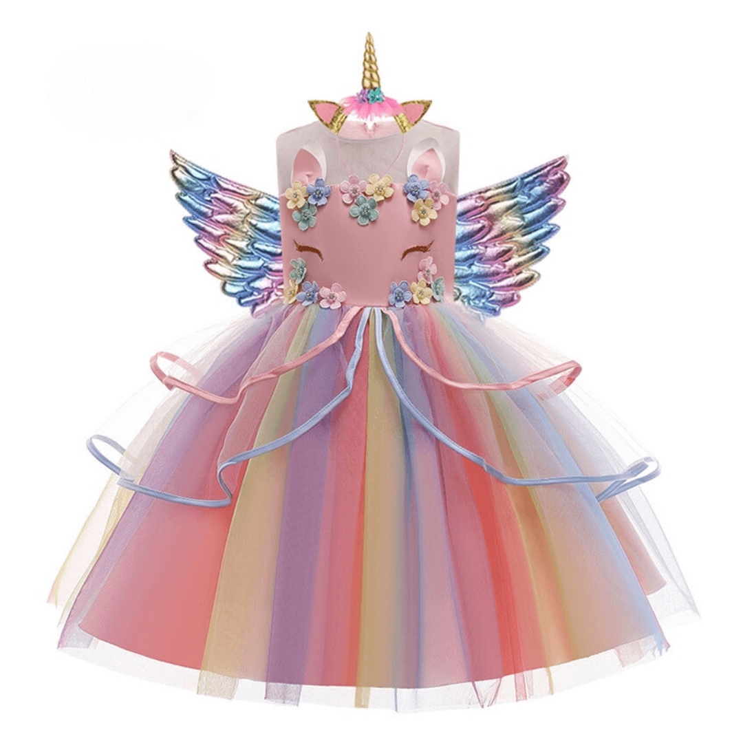 Robe déguisement princesse licorne rose à volants et à fleurs avec ailes de licorne.