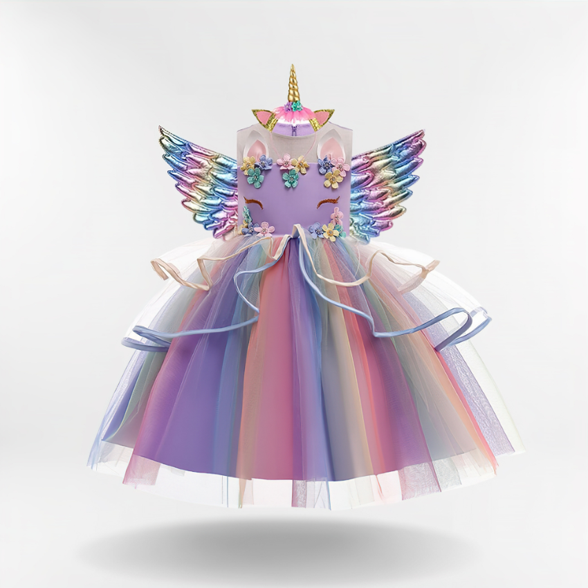 Robe déguisement princesse licorne violette à volants et à fleurs avec ailes de licorne.