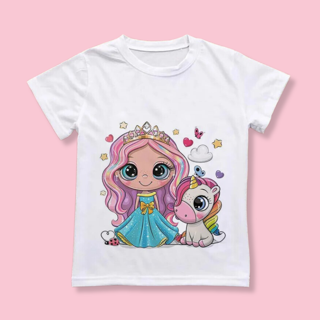 T-shirt blanc imprime licorne rose et bleu Love