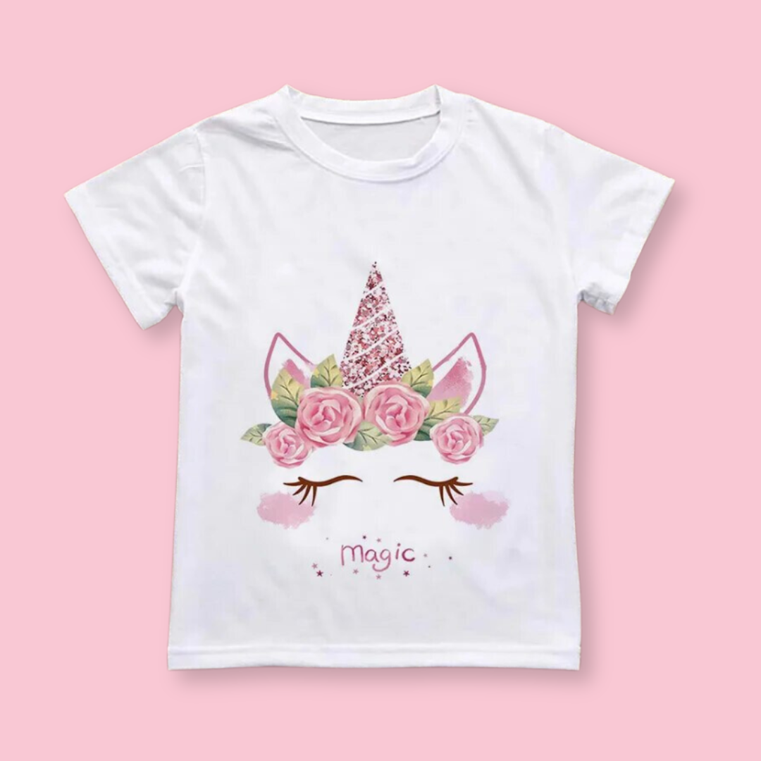 T-shirt blanc imprime licorne et fleurs en coton pour petite fille