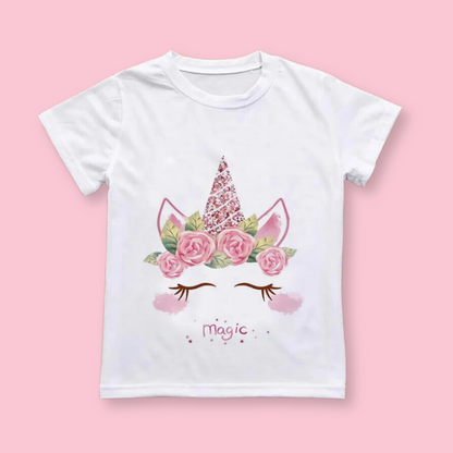 T-shirt blanc imprime licorne et fleurs en coton pour petite fille