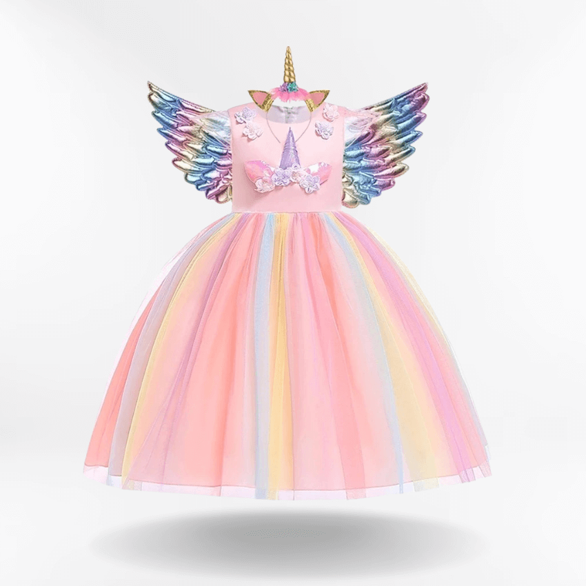 Déguisement licorne robe d'anniversaire rose avec ailes et serre-tête