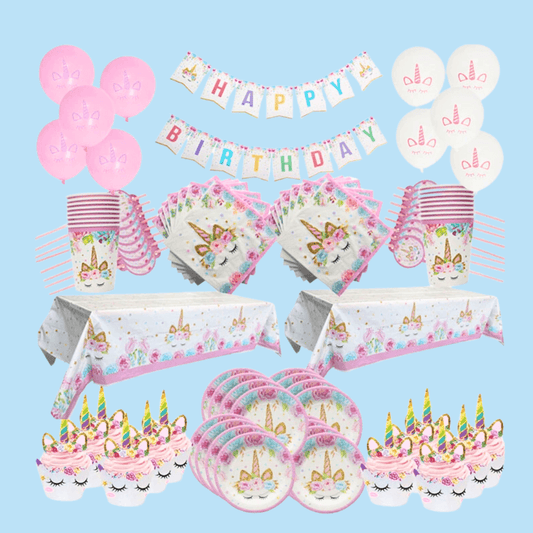Kit anniversaire licorne pour petites filles nappes verres assiettes pailles décorations cupcakes